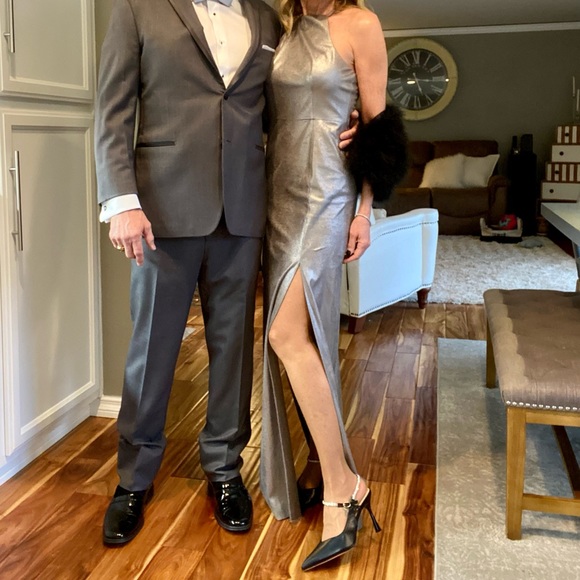 Halston Silver Faux Suede Metallic High Slit Formal - Picture 3 of 6